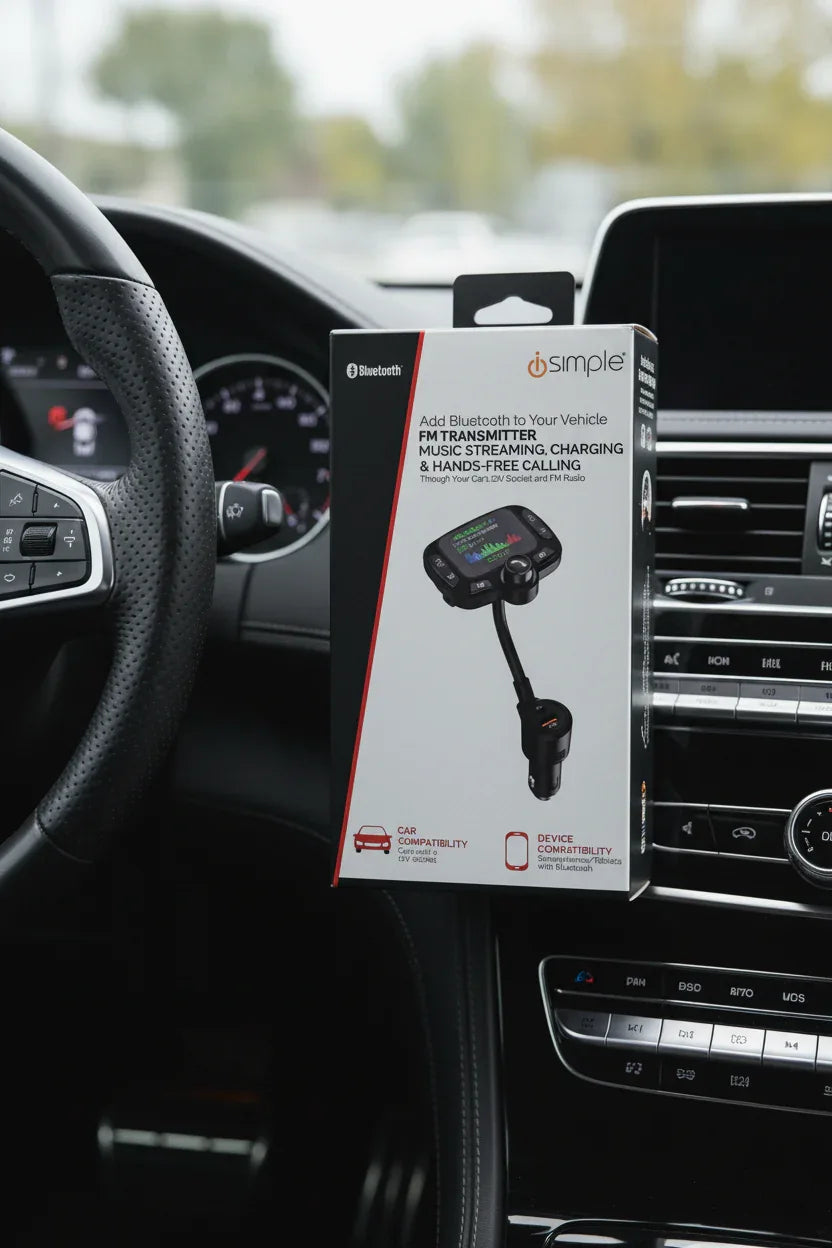 iSimple FMBTIS Bluetooth FM Transmitter box on luxury vehicle dashboard console near leather steering wheel — More4less Outlet