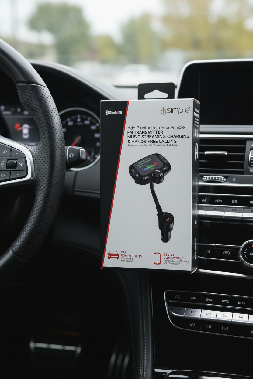iSimple FMBTIS Bluetooth FM Transmitter box on luxury vehicle dashboard console near leather steering wheel — More4less Outlet