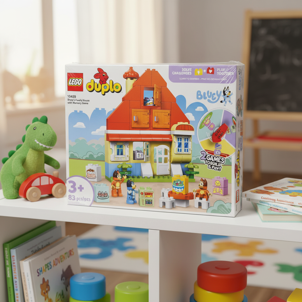 LEGO DUPLO Bluey's Family House with Memory Game (set 10459) factory-sealed retail box on a bright white playroom shelf alongside colorful children's toys and books — cheerful lifestyle gift scene
