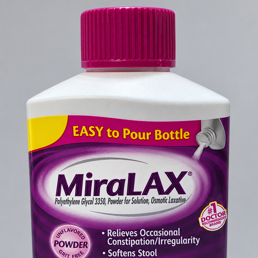 AI-generated close view of MiraLAX 20.4 oz bottle label and pink cap