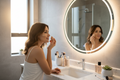 Woman applying liquid foundation at vanity mirror with glowing luminous skin in soft natural light