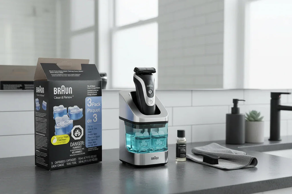 Modern male grooming station showing automated razor care station components