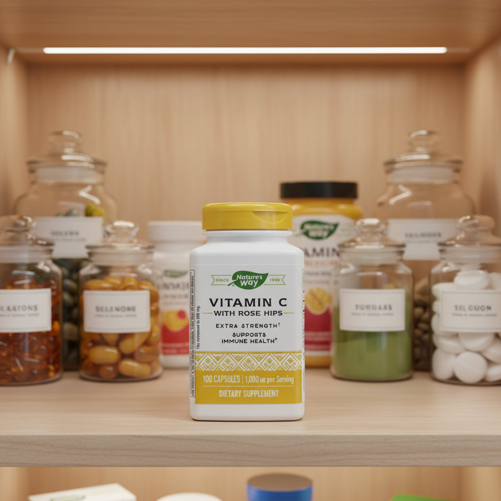 Nature's Way Vitamin C with Rose Hips bottle inside clean organized health supplement pantry shelf with premium transparent apothecary jars and soft ambient lighting