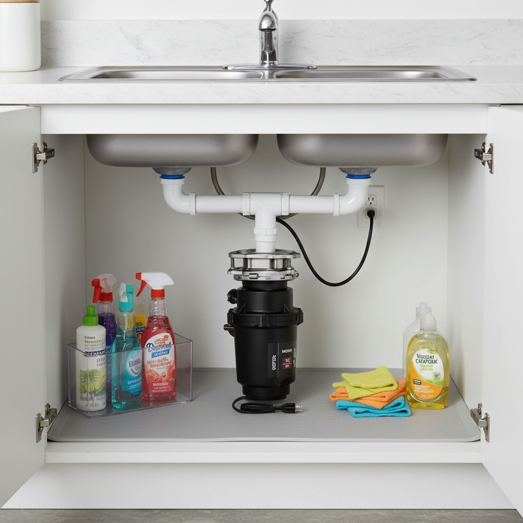 Slim black garbage disposal neatly installed under kitchen sink with room for cleaning supplies