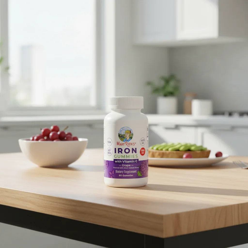 Mary Ruth's Iron Gummies bottle on wooden breakfast nook in morning sunlight lifestyle image