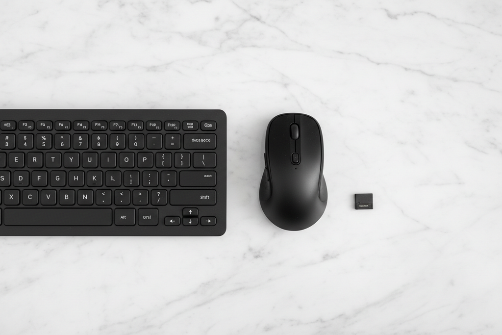 Techellent Wireless Keyboard and Mouse Combo flat lay with USB nano receiver on white marble surface – More4less Outlet