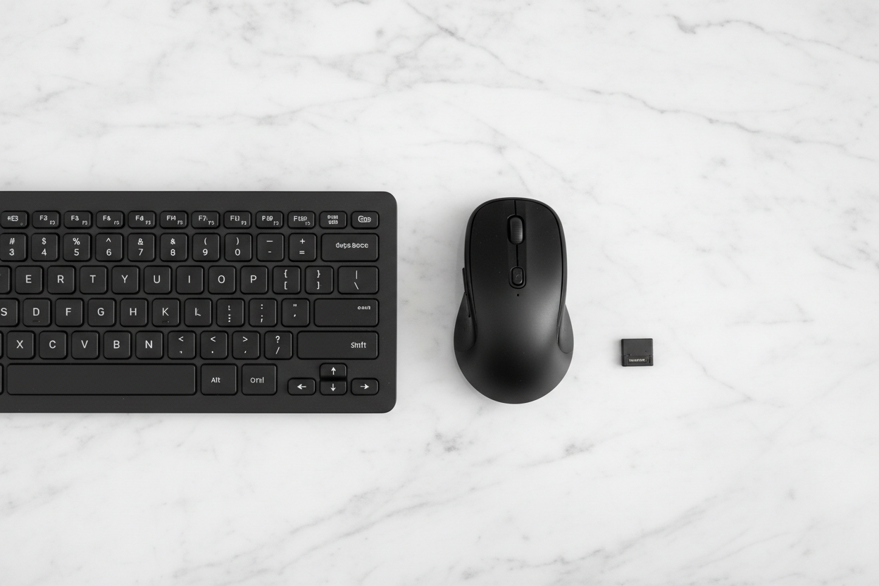 Techellent Wireless Keyboard and Mouse Combo flat lay with USB nano receiver on white marble surface – More4less Outlet