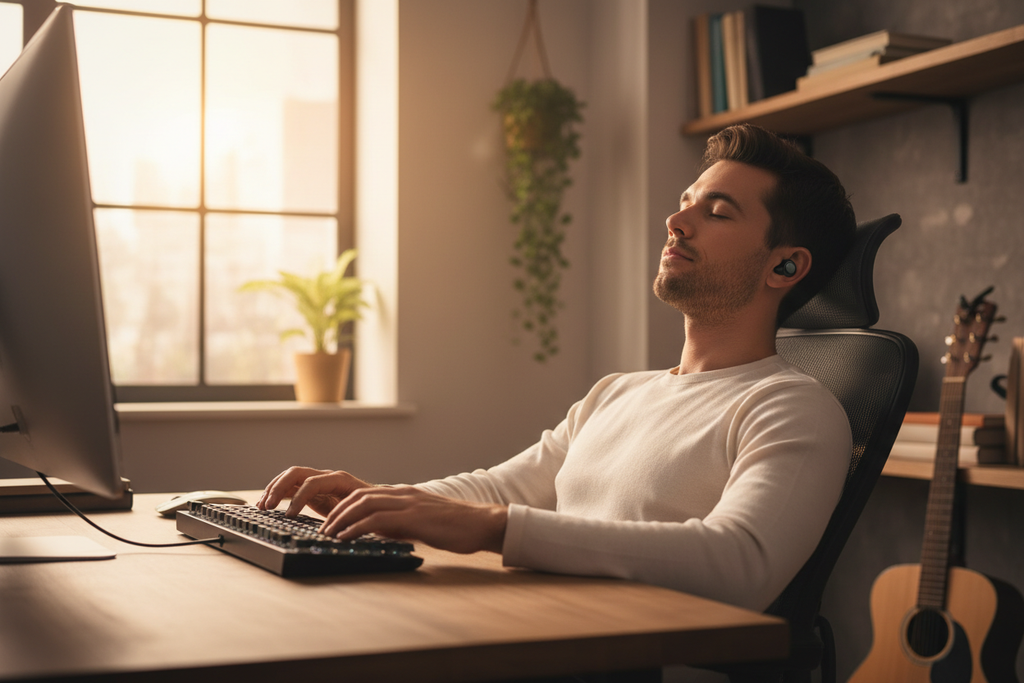 Person relaxing in home office wearing true wireless earbuds while typing on keyboard