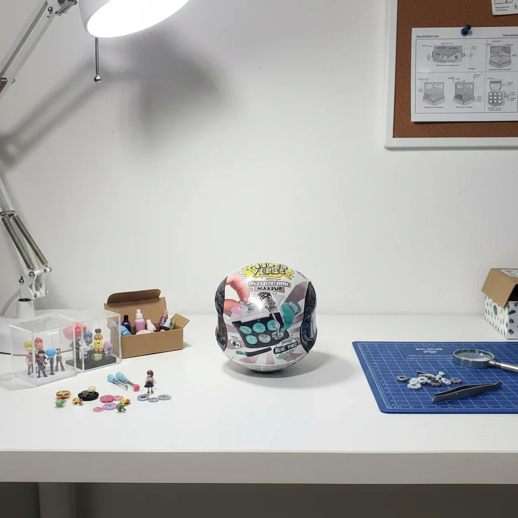 MGA Miniverse Make It Mini Makeup sphere on crafting desk with miniature collector tools, tweezers, and display cases.