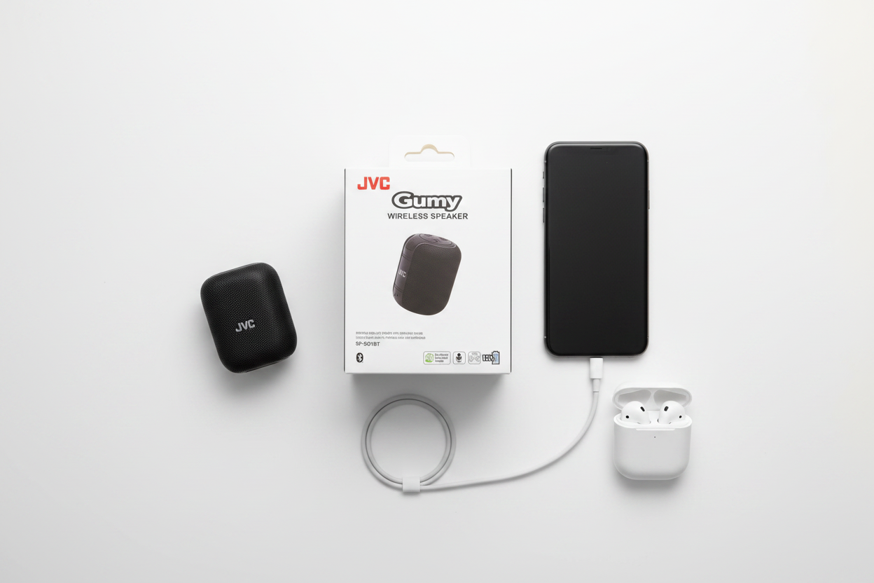 JVC Gumy SP-SG1BT wireless Bluetooth speaker black tech flat lay with phone earbuds and charging cable on white surface – More4less Outlet