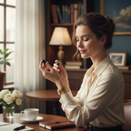 Lifestyle image — elegant woman applying rollerball perfume to wrist in soft office setting, sophisticated lifestyle editorial for visual context only