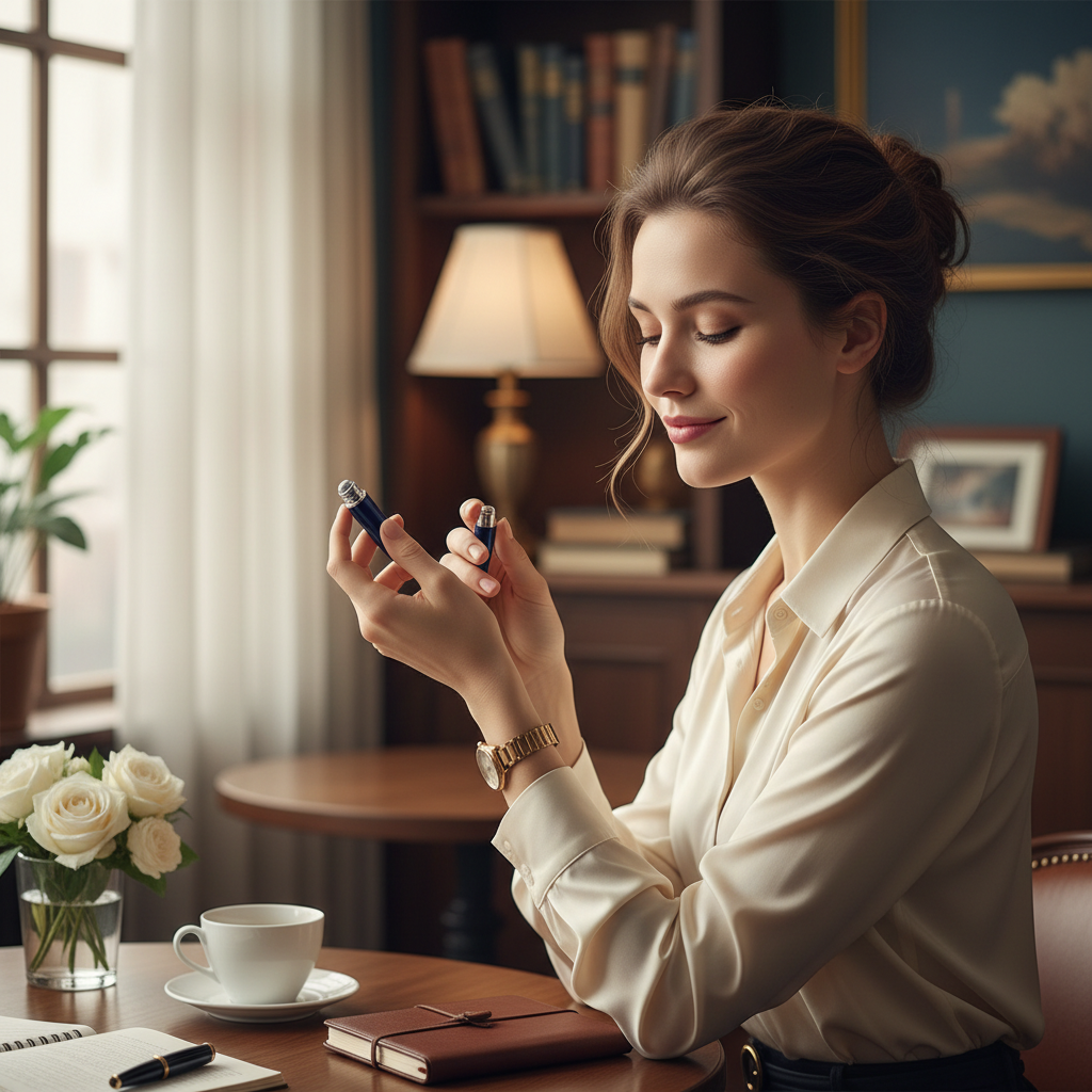 Lifestyle image — elegant woman applying rollerball perfume to wrist in soft office setting, sophisticated lifestyle editorial for visual context only