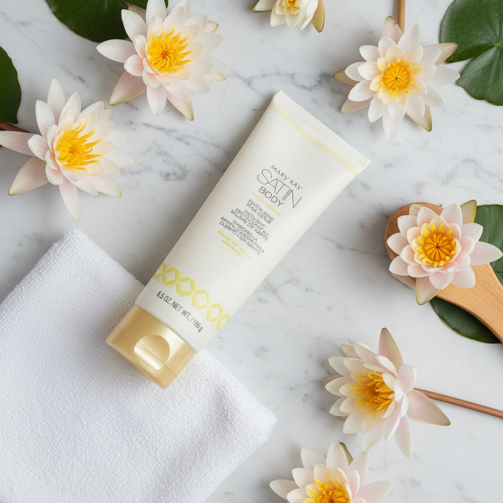Mary Kay Satin Body Revitalizing Shea Scrub Fresh Waterlily spa flat lay with waterlily flowers and white towel