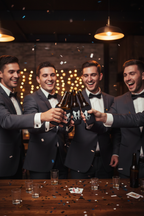 Groomsmen in suits holding bottles with Lady and Home Groomsman bottle sleeves at bachelor party celebration