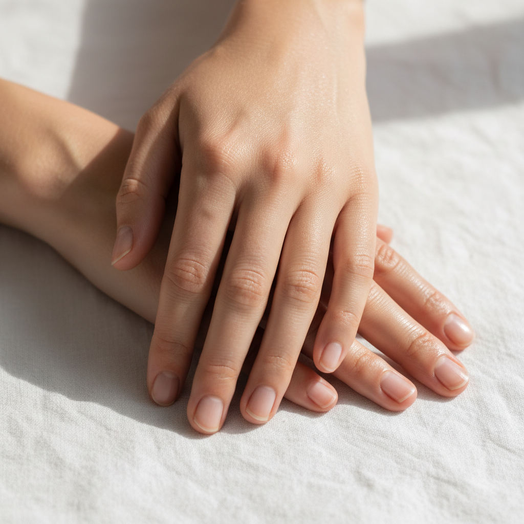 Close-up of smooth, well-moisturized hands resting on white linen, dewy hydrated skin