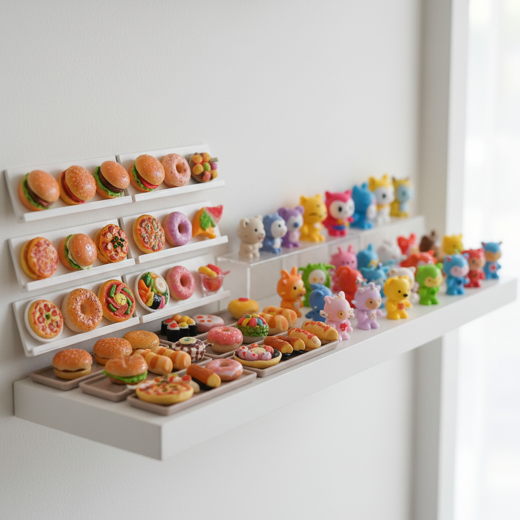 Tiny miniature food collectibles displayed on a white shelf alongside other small collectible toys