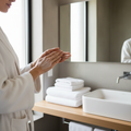 Woman applying smooth body lotion to her arm in a bright modern bathroom