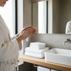 Woman applying smooth body lotion to her arm in a bright modern bathroom