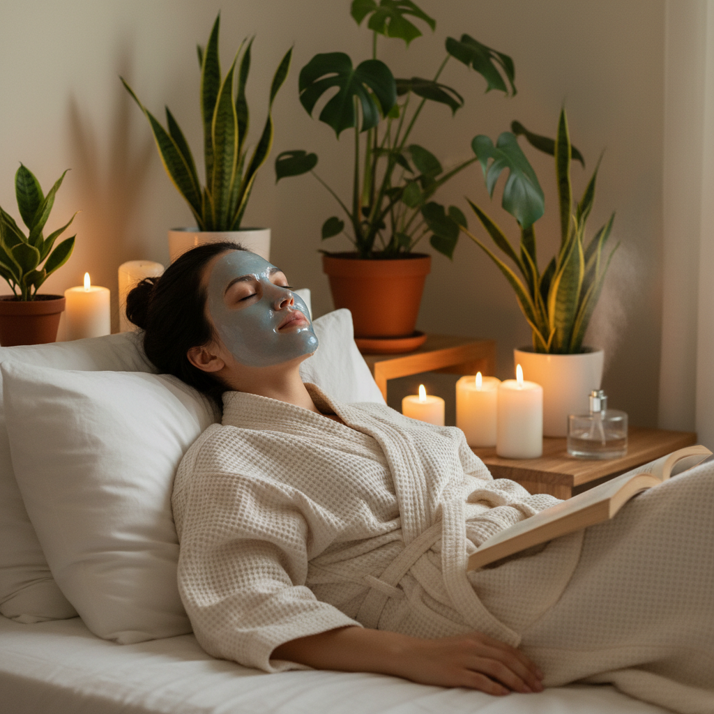 Woman relaxing with a hydrating gel face mask applied, nighttime skincare ritual