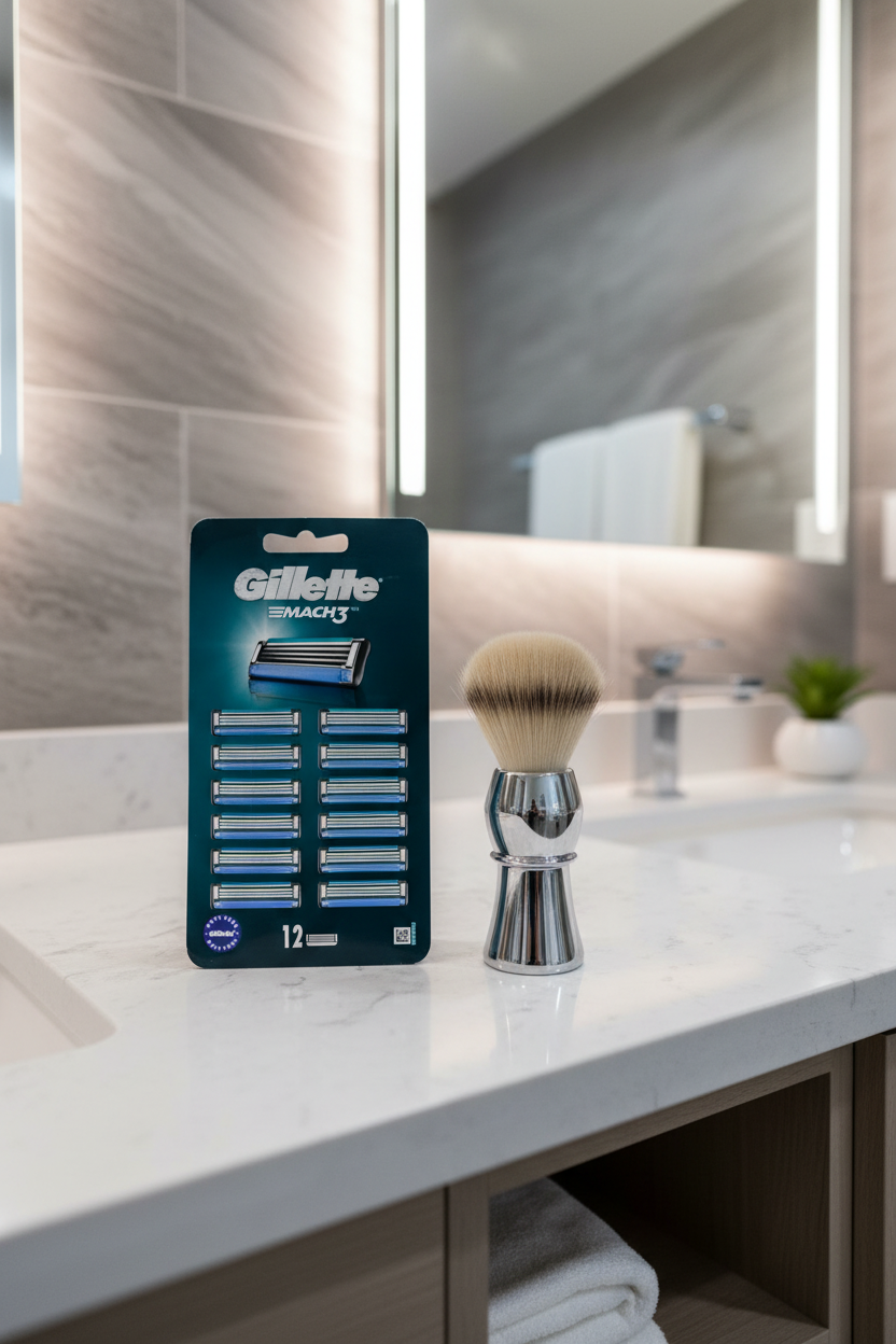 Gillette Mach3 12-count razor refills on white quartz vanity in modern master bathroom with chrome shave brush