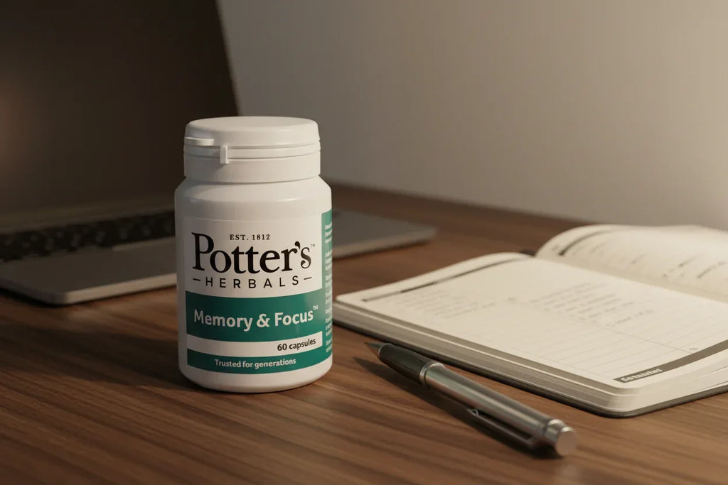 Potter's Herbals Memory & Focus bottle on dark oak home-office desk with laptop, planner and mechanical pencil — productivity lifestyle