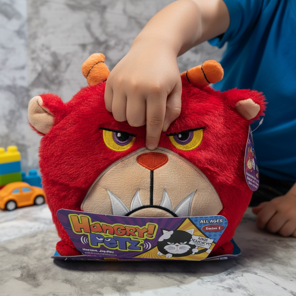 Child pressing eye of Jay at Play Hangry Petz Rogue Red Monster to trigger interactive sounds and vibration - More4less Outlet
