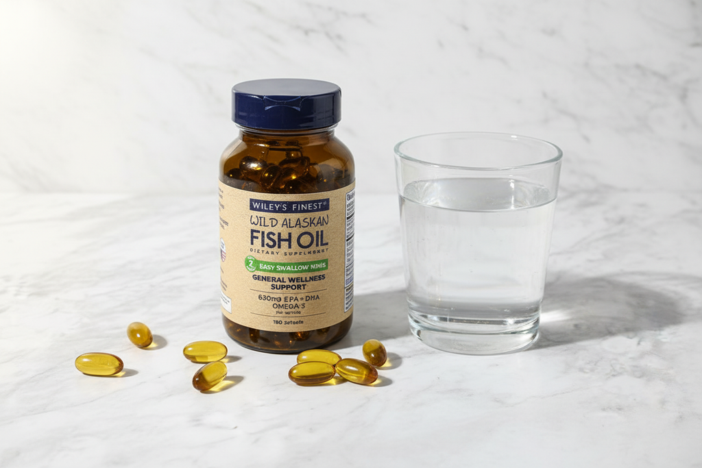 Wiley's Finest Easy Swallow Minis 180 fish oil bottle on white marble with softgel capsules and water glass – More4less Outlet