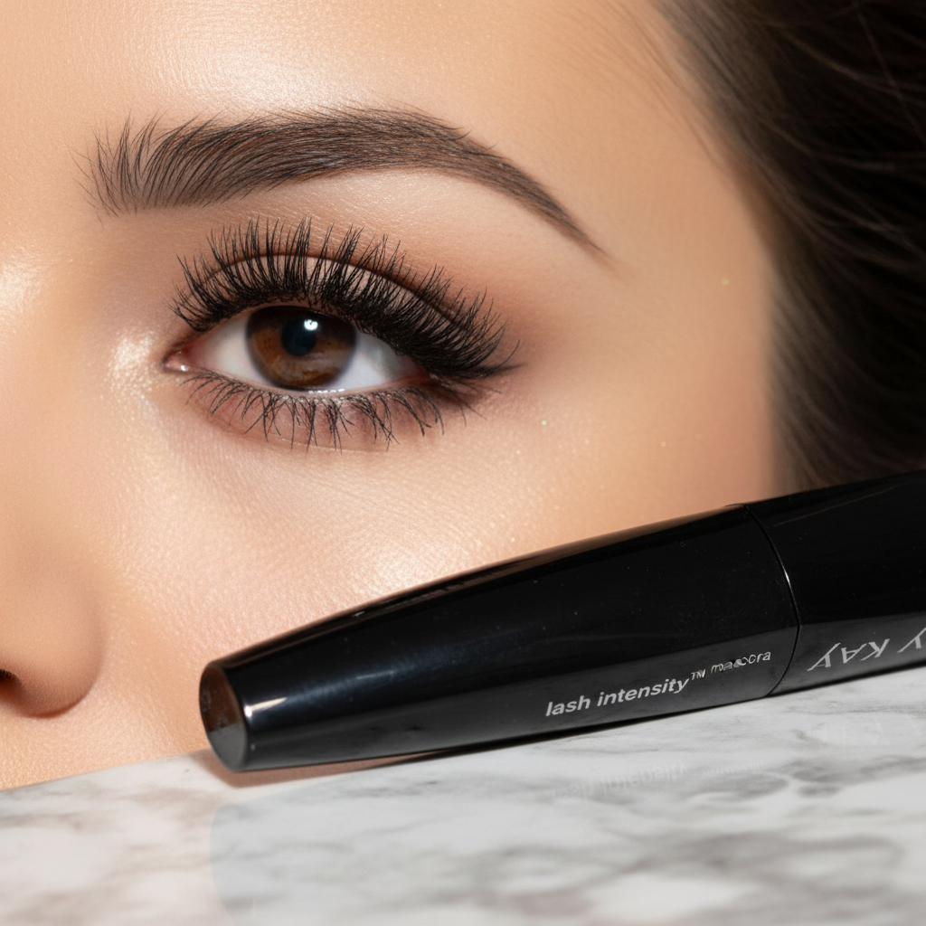 Lifestyle beauty scene showing dramatically volumized and lengthened lashes with rich black mascara, with the Mary Kay Lash Intensity Mascara angular black faceted tube resting on a marble surface beside the model