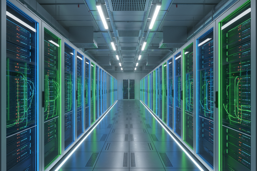 High-tech server room corridor with glowing blue and green rack server cabinets