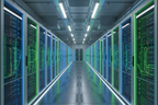 High-tech server room corridor with glowing blue and green rack server cabinets