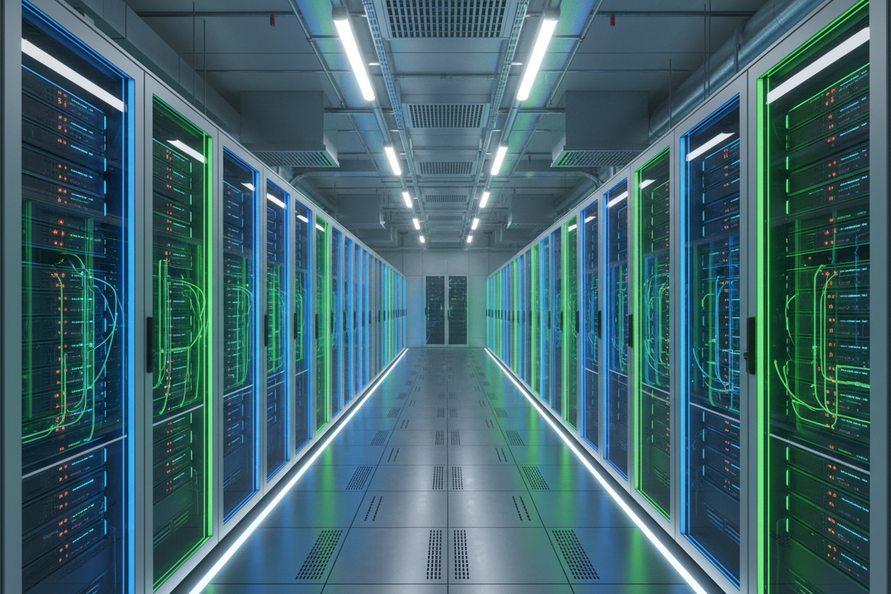 High-tech server room corridor with glowing blue and green rack server cabinets