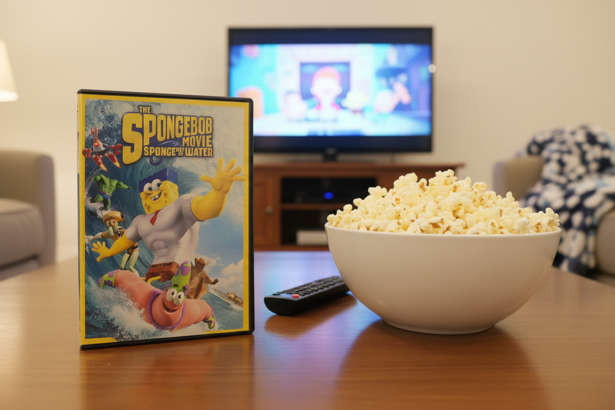 The SpongeBob Movie Sponge Out of Water DVD on living room coffee table with popcorn and TV remote family movie night – More4less Outlet