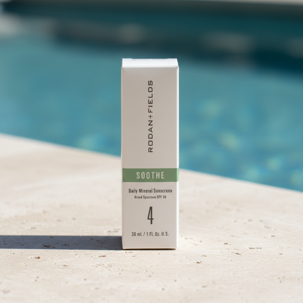AI-generated contextual image of Rodan + Fields SOOTHE Daily Mineral Sunscreen SPF 30 beside a swimming pool