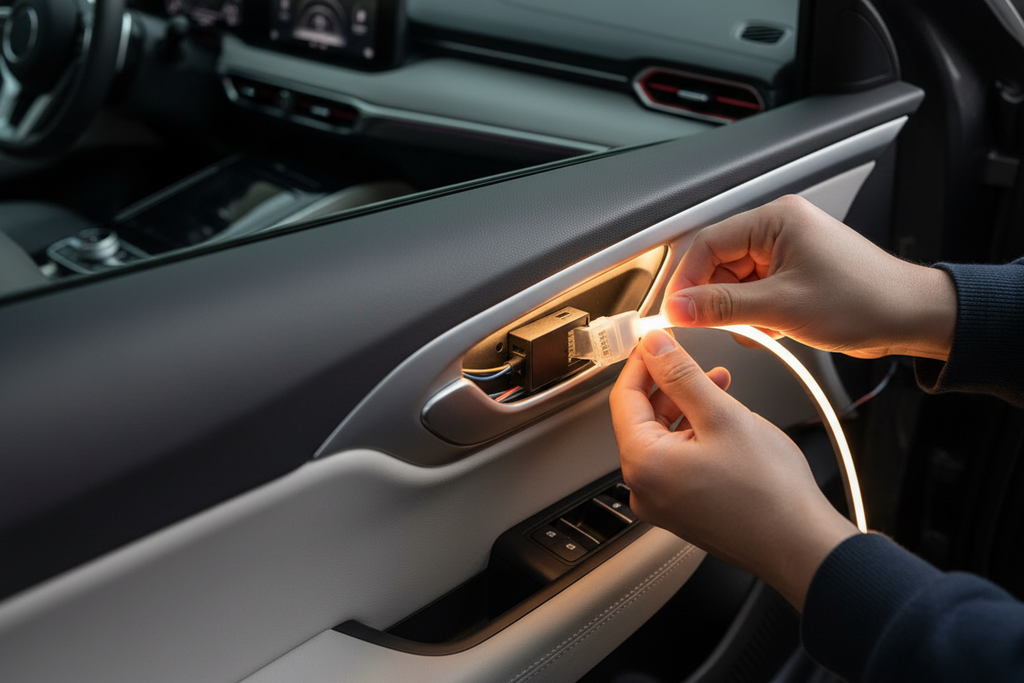 Person installing LED flex strip lights inside car door panel with quick-clip connector and ambient glow