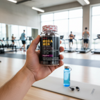Man holding GNC Mega Men Gummy Multivitamin in gym with water bottle and workout gear – More4less Outlet