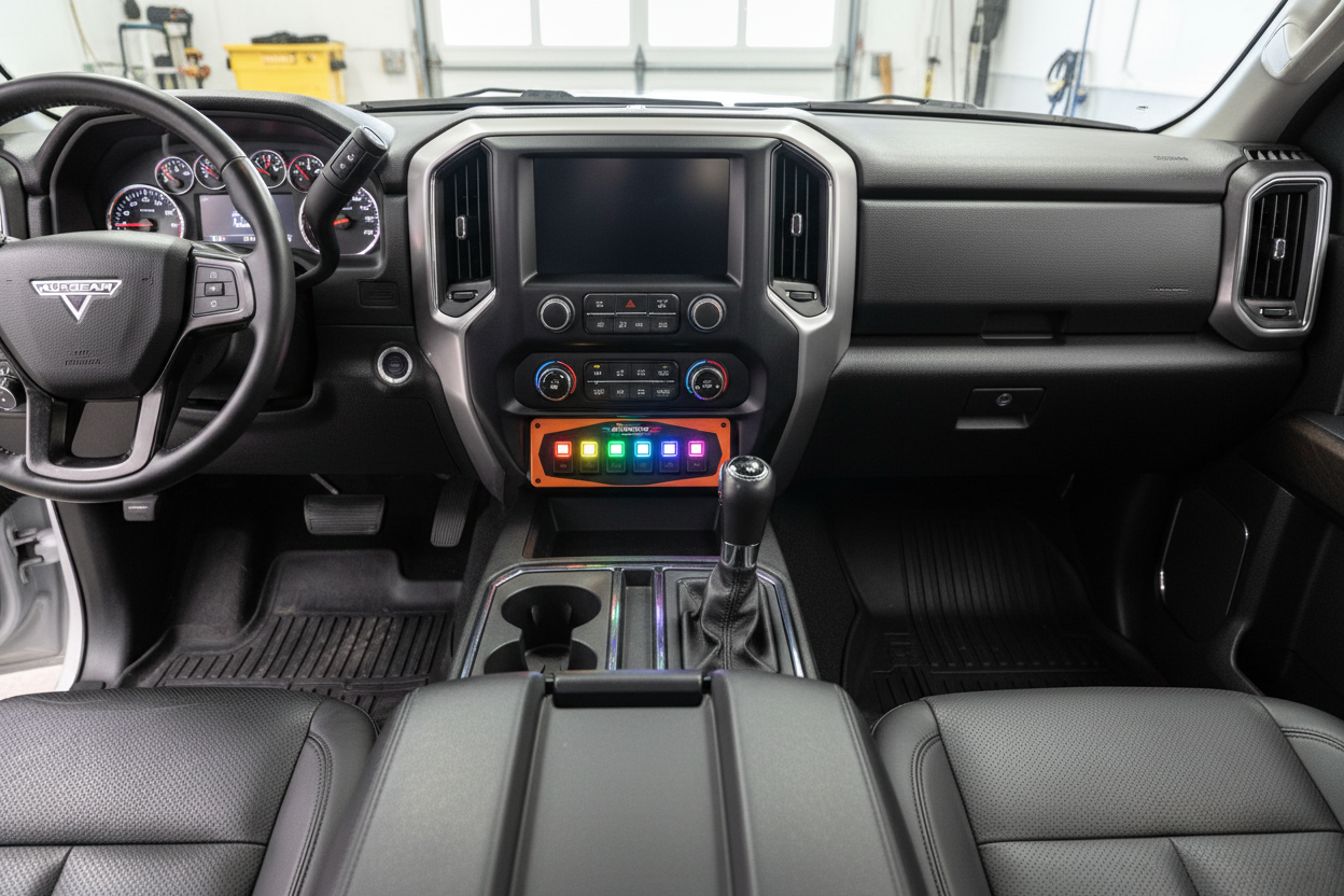 Auxbeam RB80 RGB Switch Panel installed in lifted truck center console all 8 gang switches illuminated - More4less Outlet