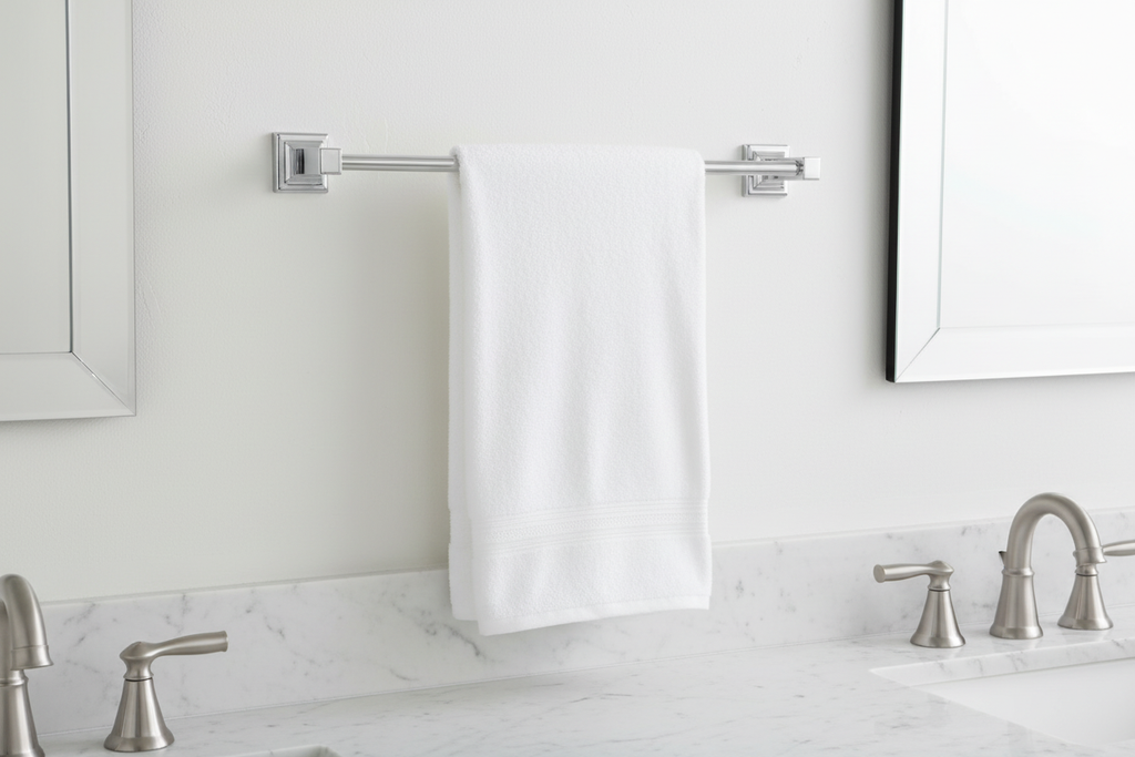 Delta Ara 18-inch polished chrome towel bar mounted on white bathroom wall with folded white towel — modern minimalist bathroom decor