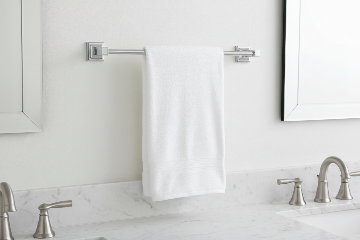 Delta Ara 18-inch polished chrome towel bar mounted on white bathroom wall with folded white towel — modern minimalist bathroom decor