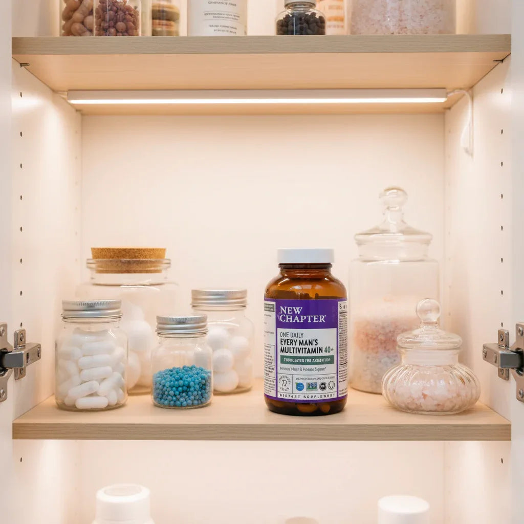 New Chapter Every Man's 40+ Multivitamin amber bottle inside organized medicine cabinet with apothecary glass storage jars and soft shelf lighting