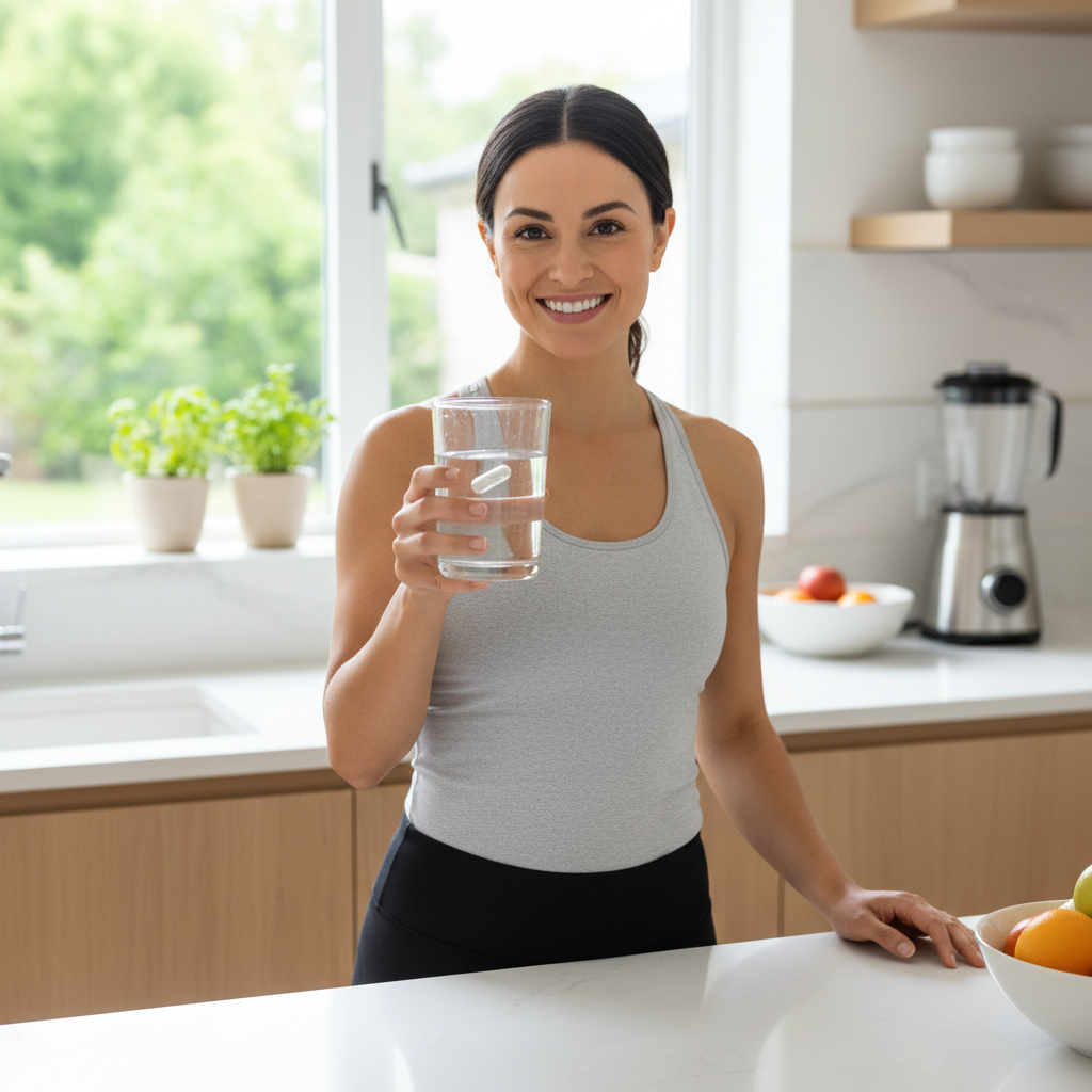 Woman smiling and taking a supplement capsule with a glass of water in a bright kitchen