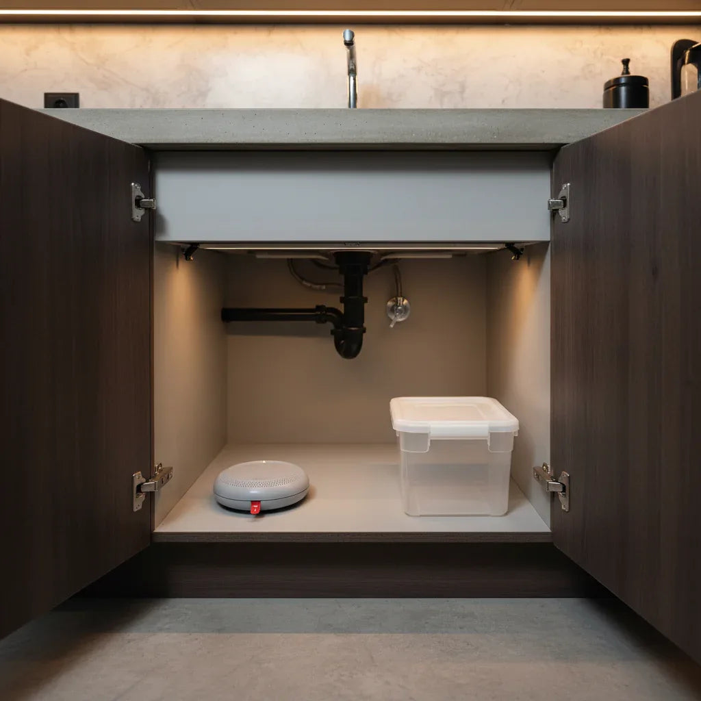 Roost Protection360 water sensor positioned under dark-wood kitchen sink cabinet next to plastic bin