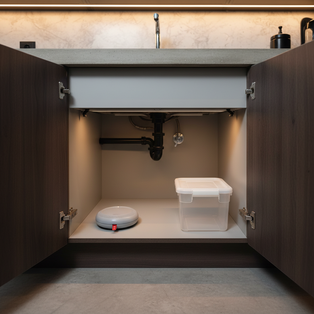 Roost Protection360 water sensor positioned under dark-wood kitchen sink cabinet next to plastic bin