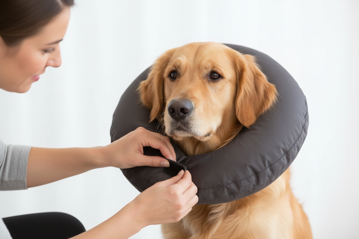 Dog owner fastening velcro strap on Vet Worthy Inflatable Protective Collar — secure adjustable fit for any dog breed