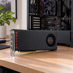 AI-styled AMD Radeon RX 480 graphics card on a desk near an open PC case