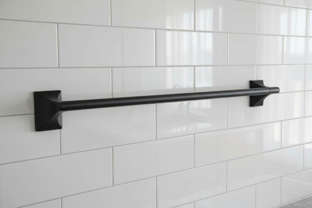 Pfister Rhen matte black 18-inch towel bar mounted luxury master bathroom white subway tile — More4less Outlet