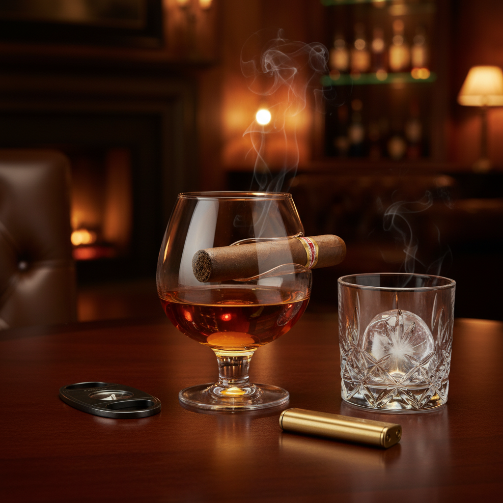 Brookstone cigar holder whiskey glass on mahogany wood evening setting – More4less Outlet