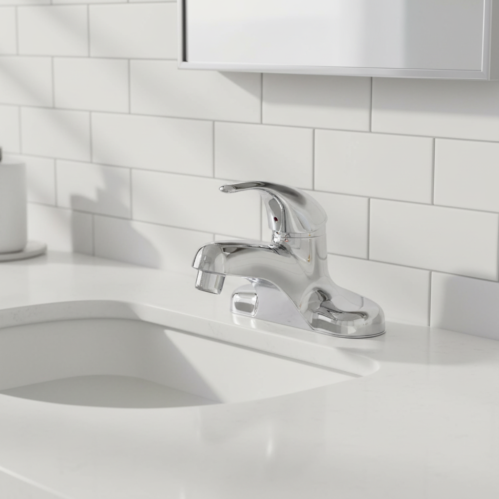 American Standard Colony Soft polished chrome faucet in contemporary minimal bathroom with white subway tile and soft morning light