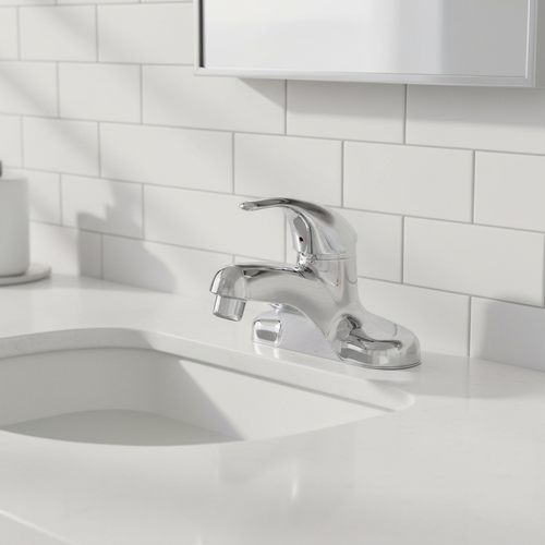 American Standard Colony Soft polished chrome faucet in contemporary minimal bathroom with white subway tile and soft morning light