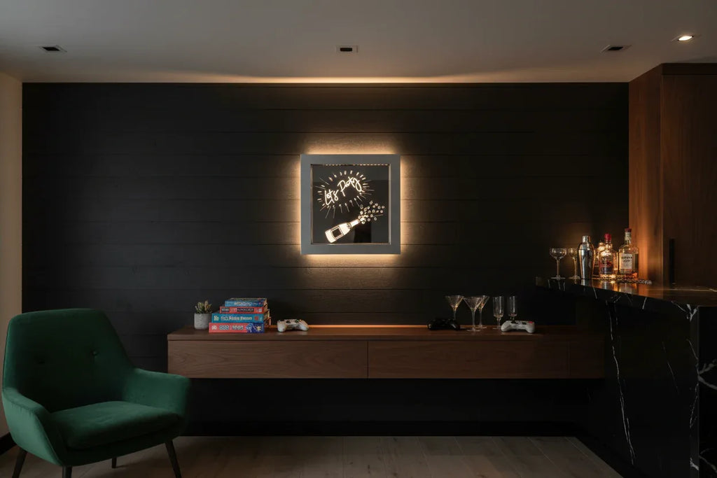 Simplee Adesso Let's Party LED light box wall mounted in game room lifestyle