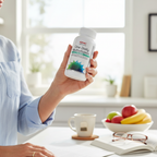 Mature woman holding GNC Women's One Daily Multivitamin 50 Plus in sunny kitchen – More4less Outlet